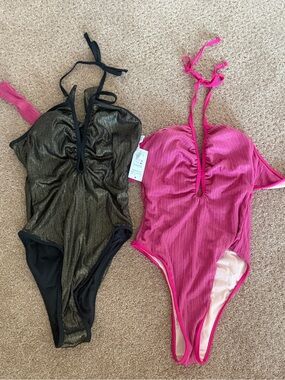 Cupshe Pink Ribbed Halter One-Piece & Metallic Black Shimmer Swimsuit Set